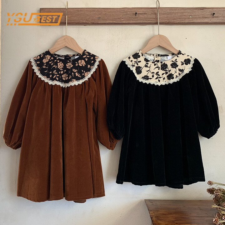 YSUBEST Autumn Winter New Kids Long Sleeve Velvet Dress For Korean Style Baby Girls Lace Princess Dress Children Clothing Dress