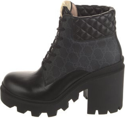 Gucci Ankle Combat Boots Black GG Supreme Leather & Rubber Trim Round-Toes with Leather Trim Embellishment Platform Lace-Up Closure at Uppers Includes Box & Dust Bag