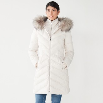 Nine West Women's Faux-Fur Hood Bib Chevron Puffer Coat