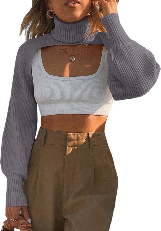 jsadfojas Women Sexy Turtleneck Puff Sleeve Knitted Sweater Cutout