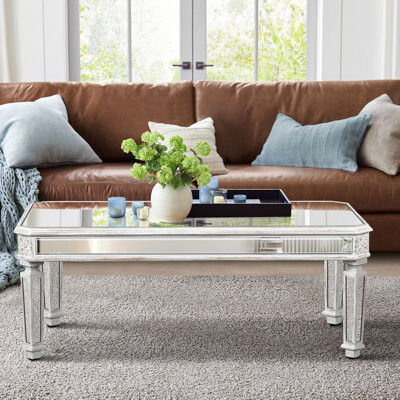 Mercer41 Elegant Rectangular Mirrored Coffee Table With Vintage Carving Accents, Suited For Home & Office Use Glass Details, Fits Living Room