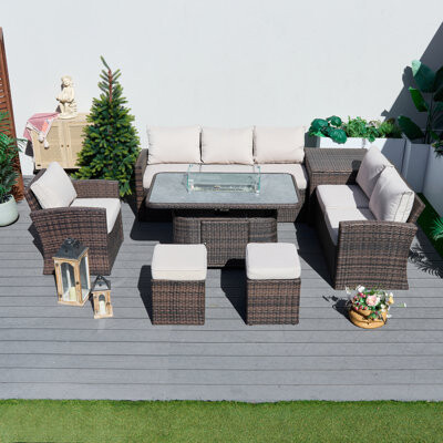 Red Barrel Studio Rectangular 8 - Person Patio Dining Set With Fire Pit Table And Cushions