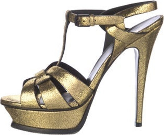 Saint Laurent Leather T-Strap Sandals Gold & Metallic Platform Straps & Buckle Closure at Ankles Includes Box & Dust Bag