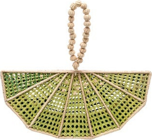 Mercedes Salazar Top Handle Bag Green Straw Wrist Strap Unlined Flap Closure at Front