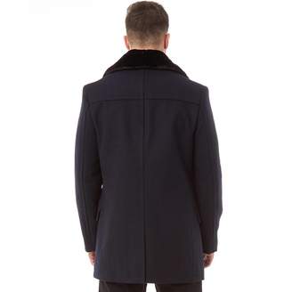 French Connection Mens Double Breasted Fur Lined Coat Marine