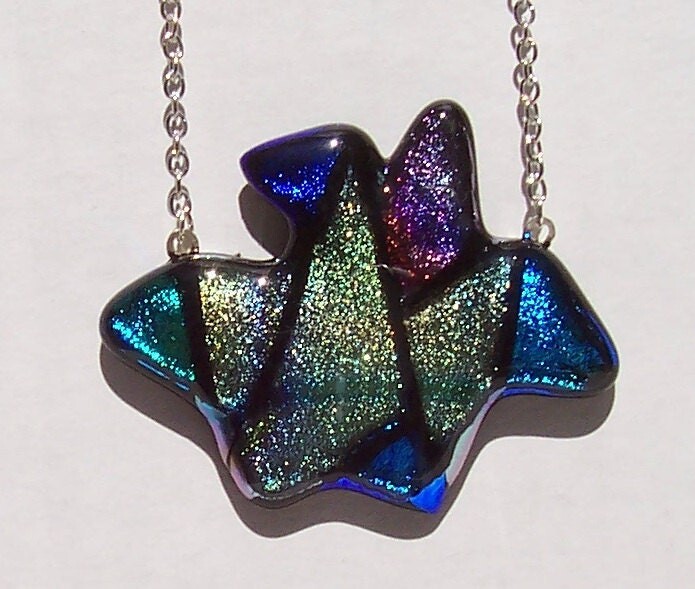 Etsy Origami Crane Pendant, Fused Dichroic Glass Cabochon, Stained Necklace, Symbol Of Peace, Fidelity, Long Life, Prosperity, Bird Jewelry