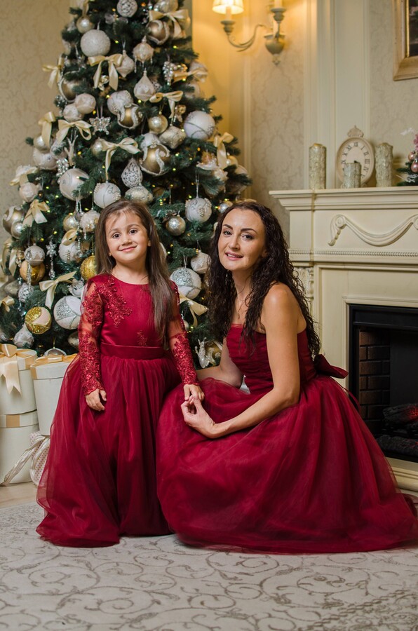 Red Formal Dress, Mother Daughter Matching Mommy & Me Outfit, Burgundy Baby 1st Birthday Photoshoot Lace