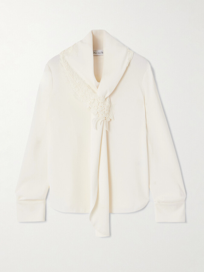 Oscar de la Renta Tie-detailed Lace-trimmed Silk-blend Georgette Blouse - Ivory