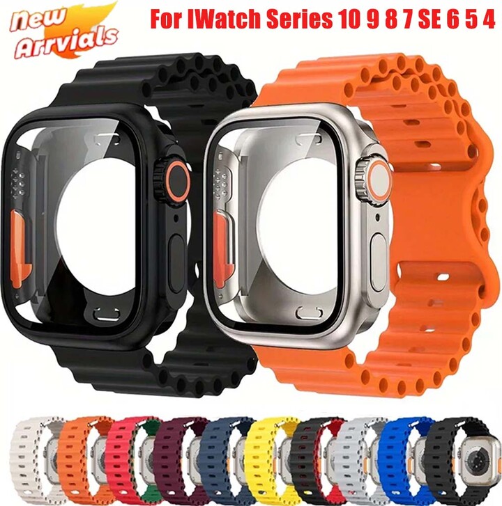FancyWrist PC Firm Cover+Strap for Apple Watch Band 44 46 45mm 41/40mm Glass+Case Silicone Bracelet Correa IWatch Series 10 9 8 7 SE 6 5 4