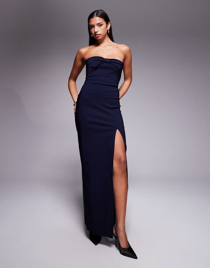 Vesper Bengaline bow front detail bandeau thigh split maxi dress in navy