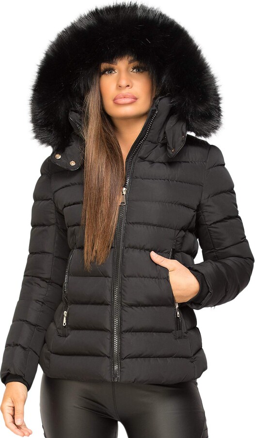 white puffer jacket with black fur hood
