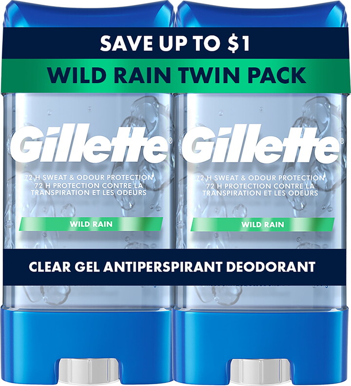Gillette Antiperspirant Deodorant for Men, Clear Gel, Wild Rain, Twin Pack, 3.8 oz