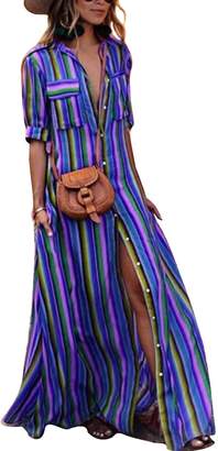 LAMISSCHE Womens Rainbow Button Down Roll up Sleeve Stripes Maxi Dress with Pockets(,2XL)