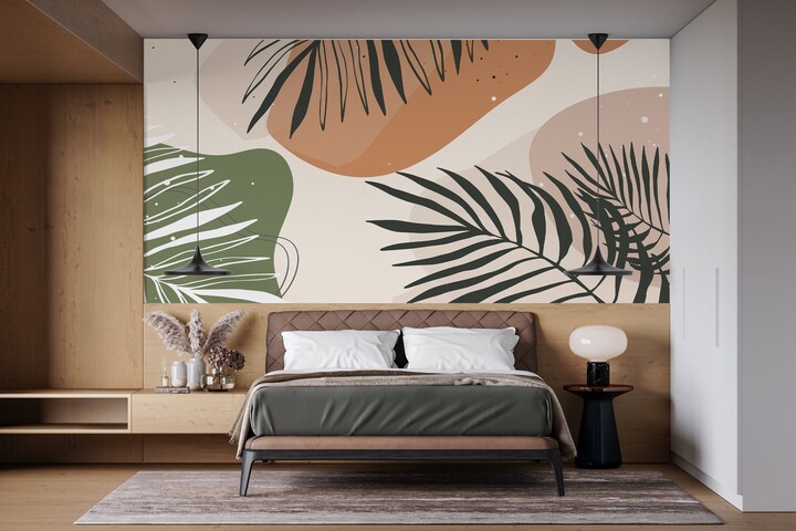 Mid Century Tropical Wallpaper. Retro, Vintage, Boho Personalizable Living Room Wall Mural. Removable Wallpaper - Mural