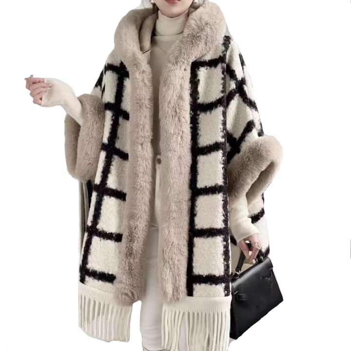 SFSSWSRYDF Women Open Front Lattice Poncho with Faux Fur Trim