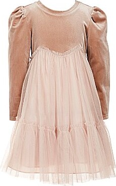 Little Girls Long-Sleeve Stretch VelvetTiered Mesh Skirted Float Dress