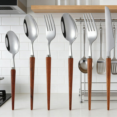 Hokku Designs 24 Piece Stainless Steel Flatware Set With Wooden Handles - 18/10 Stainless Steel Steak Knives Forks And Dessert Spoons For Fine Dining And Restaura