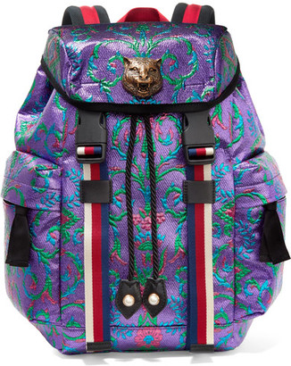 Gucci Stripe-trimmed Embellished Metallic Brocade Backpack