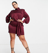 Thumbnail for your product : ASOS Curve ASOS DESIGN Curve high neck mini dress with sash waist detail in wine