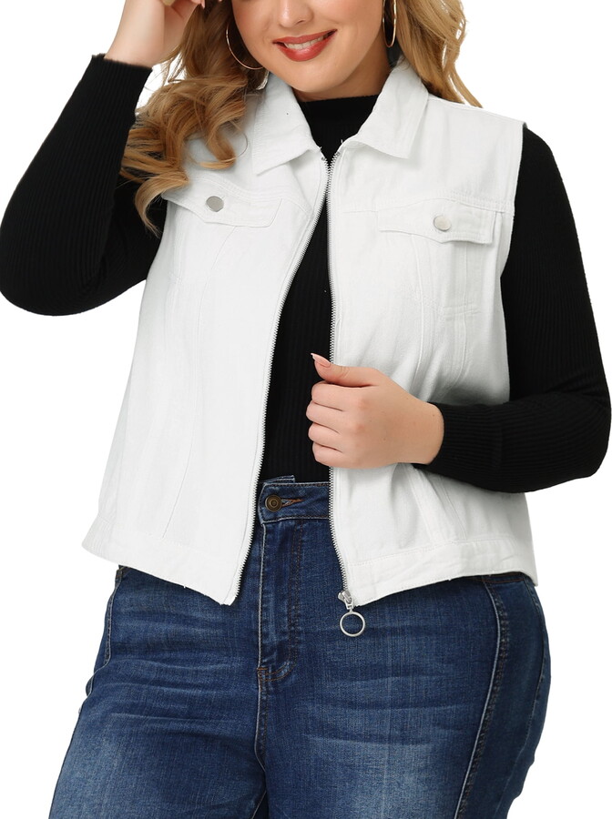 Unique Bargains Juniors’ Plus Size Sleeveless Trucker Zipper Front Denim Vest Jacket