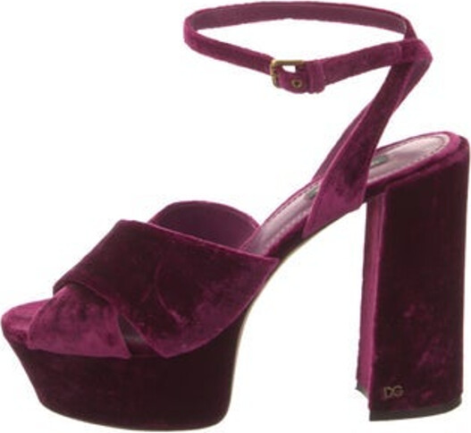 Dolce & Gabbana Velvet Sandals Burgundy & Purple Platform Crossover Straps & Buckle Closure at Ankles