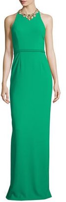 Marchesa Notte Sleeveless Embellished Halter Column Gown, Emerald
