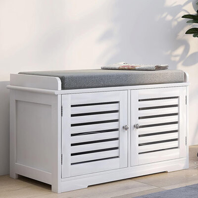 Shoe Storage Bench White Shoe Shelf Bench with 2 Doors and Gray Upholstered Seat Shoe Cabinet Shoe Entryway Bench with Shoe Storage Bag