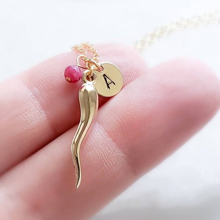 Italian Horn Cornicello Necklace Personalized Initial & Birthstone Good Luck Charm Protection Amulet Gold Waterproof