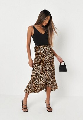 Missguided Brown Leopard Print Wrap Around Ruffle Midi Skirt - ShopStyle