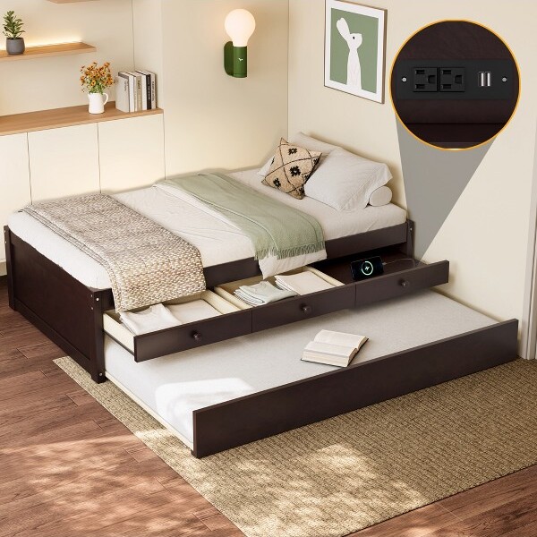 ModernLuxe TwinPlatformBedwithTrundle2Drawers&ChargingStationSolidWoodBedFrameEspresso