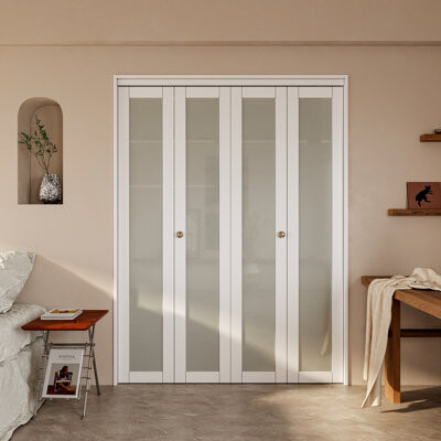 Win Stellar Double 1-Lite Glass Door Solid Manufactured Wood Bi-Fold Door With Installation Hardware Kit(Closet,Pantry)