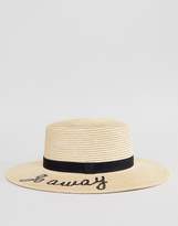 Thumbnail for your product : ASOS DESIGN Straw Boater with Go Away Slogan and Size Adjuster