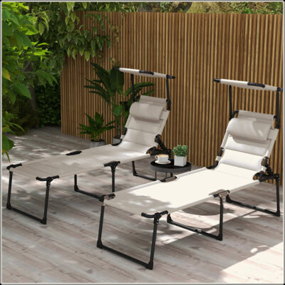 Arlmont & Co. 2 Pcs Outdoor Lounge Chair Adjustable Backrest Folding Chaise Lounge Cushioned Tanning Chair W/ Sunshade Roof & Pillow Headrest For Beach Camping