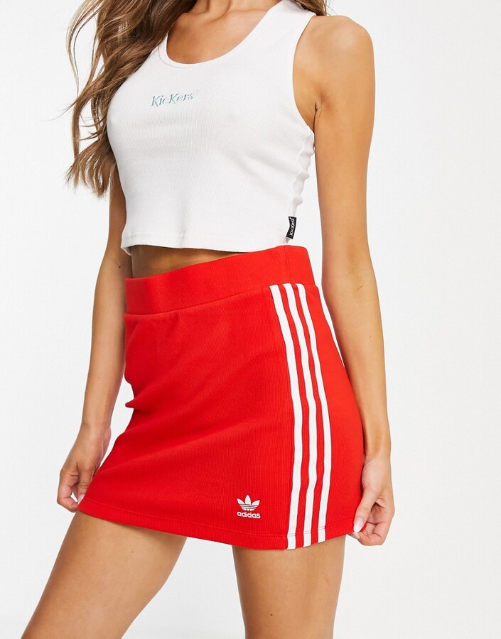 adidas adicolor three stripe ribbed mini skirt in red - ShopStyle