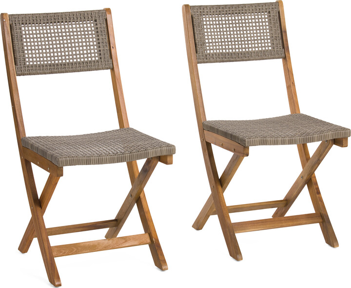 Handcrafted In Vietnam Set Of 2 Outdoor Acacia Wood And Wicker Folding