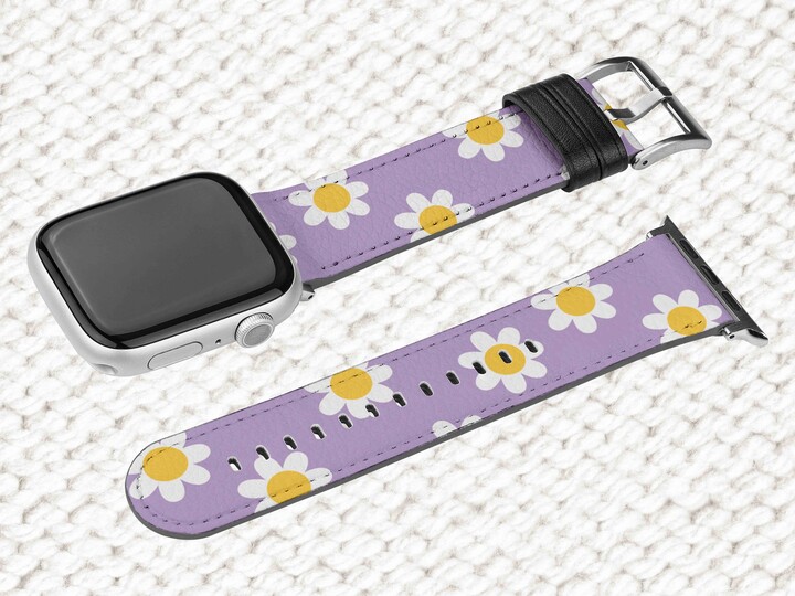 Cute Retro Apple Watch Band, Daisy Pattern, Purple Iwatch Strap, Personalized Leather Floral 38mm 42mm, Flower Smart Band