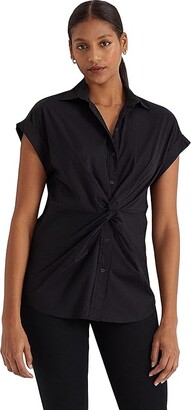Lauren Ralph Lauren Twist-Front Cotton Short Sleeve Shirt (Black) Women's  Clothing - ShopStyle Tops