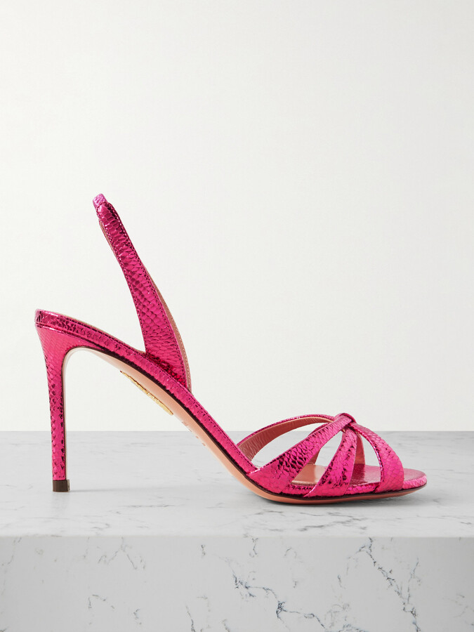 Aquazzura Tati 85 Metallic Snake-effect Leather Slingback Sandals - Pink