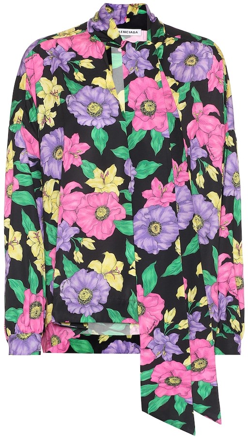 Balenciaga Scarf floral satin blouse - ShopStyle Long Sleeve Tops