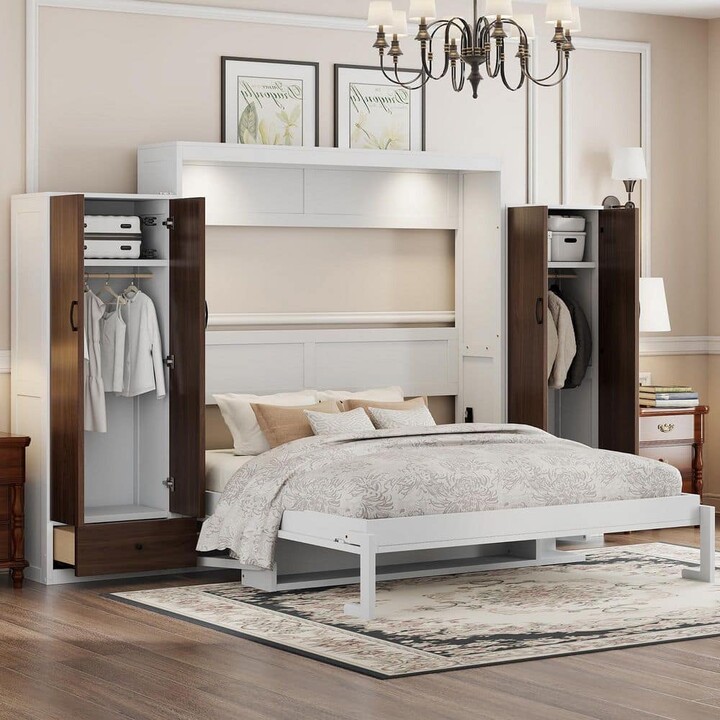 Harper&Bright Designs White Wood Frame Queen Size Murphy Bed Wall Bed with Closet, Drawers and Table