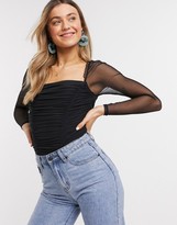 Thumbnail for your product : New Look ruched square neck mesh sleeve body in black