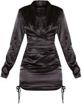 Thumbnail for your product : PrettyLittleThing Black Satin Shirt Style Ruched Bodycon Dress