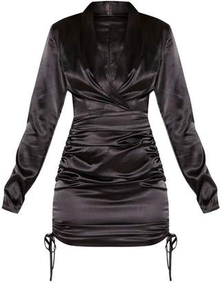 PrettyLittleThing Black Satin Shirt Style Ruched Bodycon Dress