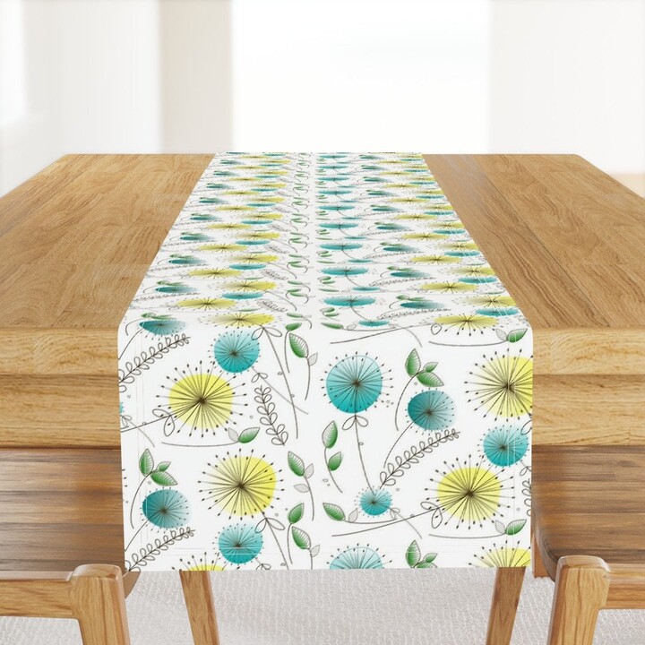Flower Table Runner - Retro Mod Floral Blue Yellow Vintage Style Cotton Sateen Mid-Century Dandelion Clocks By Hot4Tees Bg