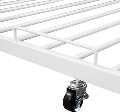 Full Size Metal Platform Bed With Trundle, And Slat Support In White. Obvious. No Box Spring Needed For Bedroom Trundle. White Color. Support. Modern