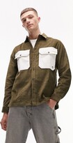 Thumbnail for your product : Topman long sleeve regular fit cord overshirt with contrast pockets in khaki