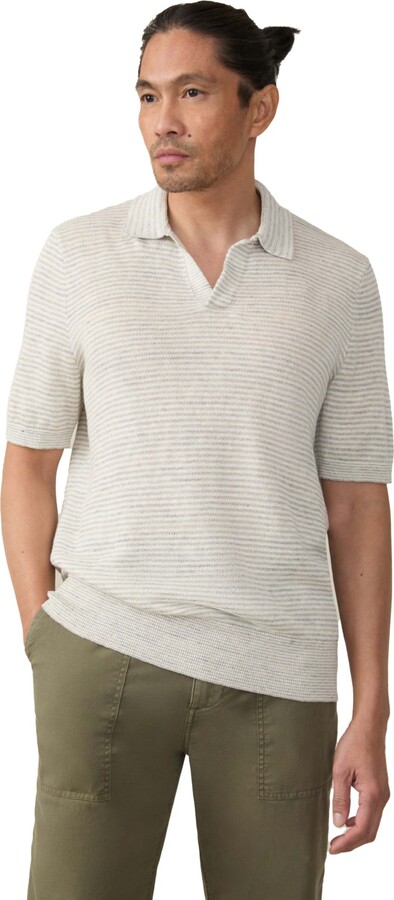 Faherty Men's Linen Short Sleeve Sweater Polo, Small, Cayman Navy Feeder