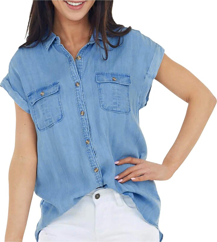 WAo Women Casual Blouse Fake Denim Shirt Solid Color Button Down Shirts ...