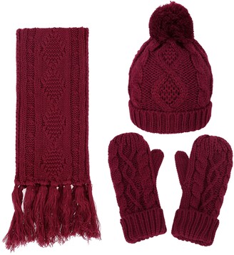 Livingston Women's Winter 3 Piece Cable Knit Beanie Hat Gloves & Scarf Set  - Red - One Size - ShopStyle