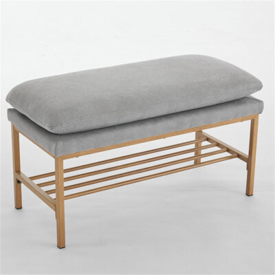 End Of Bed Bench With Shelf, Linen Upholstered Storage Shoe Bench, Modern Bedroom Bench With Metal Legs For Living Room, Entryway, Dining Room, 300 LB